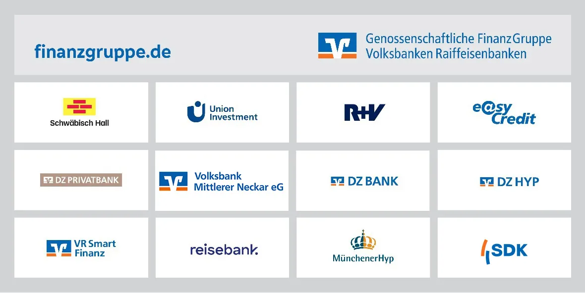 Darstellung Genossenschaftliche Finanzgruppe Volksbanken Raiffeisenbanken. Schwäbisch Hall, Union Investment, R+V Versicherung, easyCredit, DZ Privatbank, Volksbank Mittlerer Neckar eG, DZ Bank, DZ Hyp, VR Smart Finanz, reisebank, MünchenerHyp, SDK